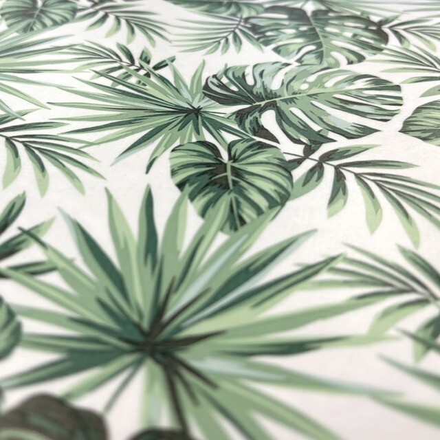 Coated tablecloth printed leaves white