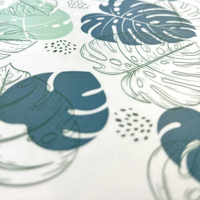 Coated tablecloth printed leaves white