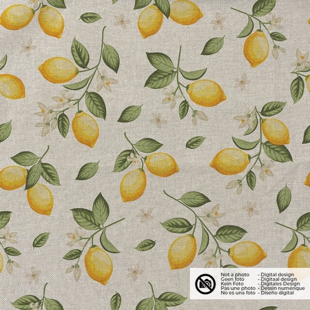 Decoration fabric linen look digital print lemons beige