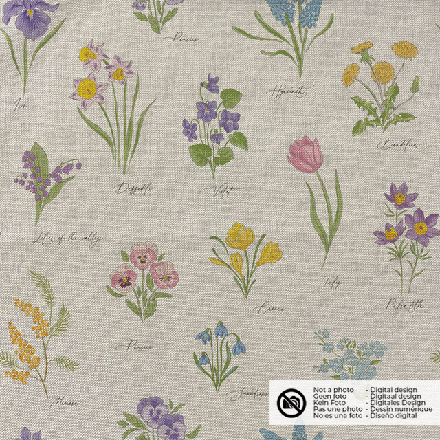 Decoration fabric linen look digital print flowers beige