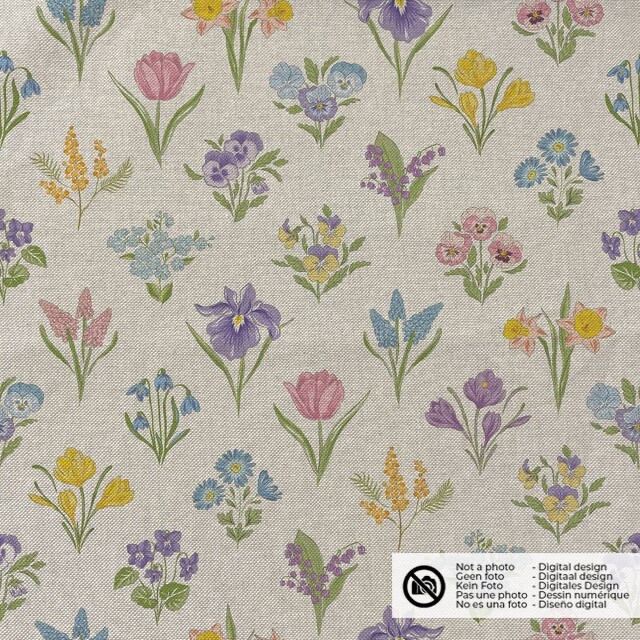 Decoration fabric linen look digital print flowers beige