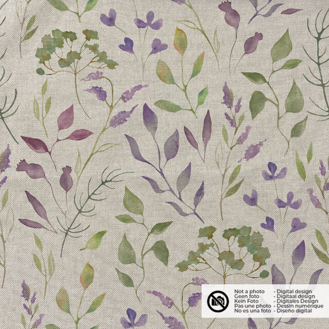 Decoration fabric linen look digital print leaves beige/lilac