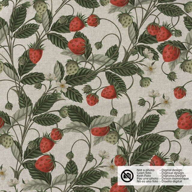 Decoration fabric linen look digital print strawberries beige