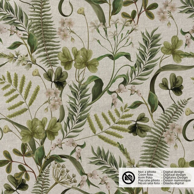 Decoration fabric linen look digital print plants beige