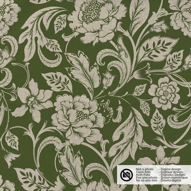 Decoration fabric linen look digital print flowers green