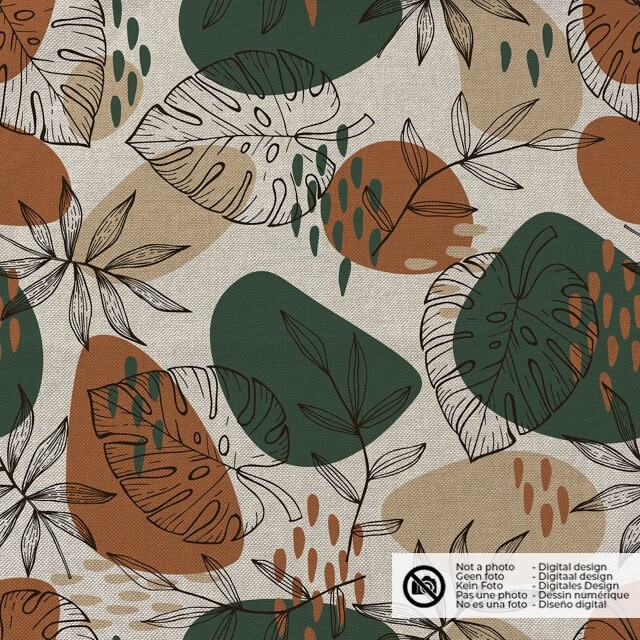 Decoration fabric linen look digital print leaves beige/dark green