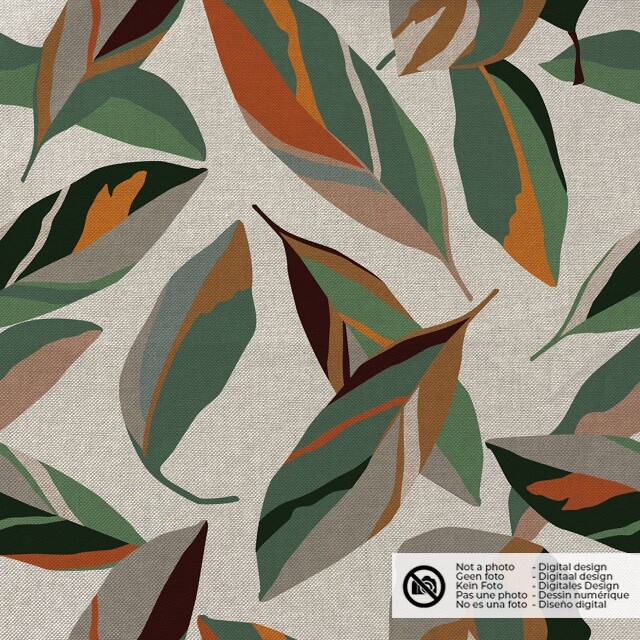 Decoration fabric linen look digital print leaves beige/green