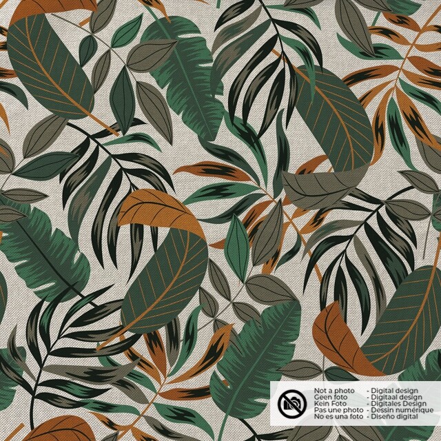 Decoration fabric linen look digital print leaves beige/khaki green