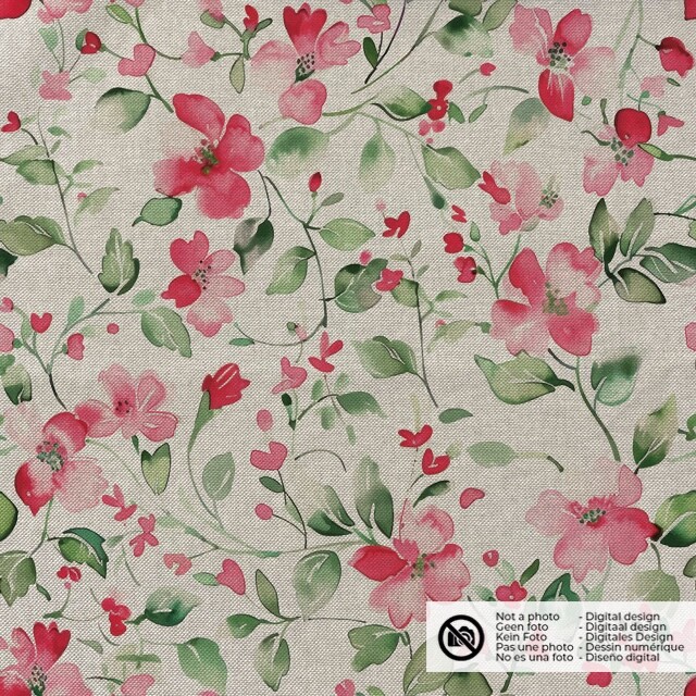 Decoration fabric linen look digital print flowers beige/fuchsia