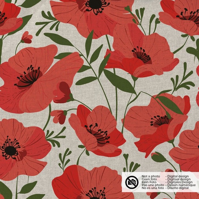 Decoration fabric linen look digital print flowers beige/red