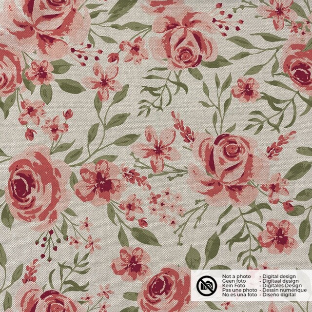 Decoration fabric linen look digital print flowers beige/light pink