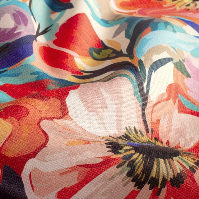 Decoration fabric panama digital print flowers fuchsia/aqua