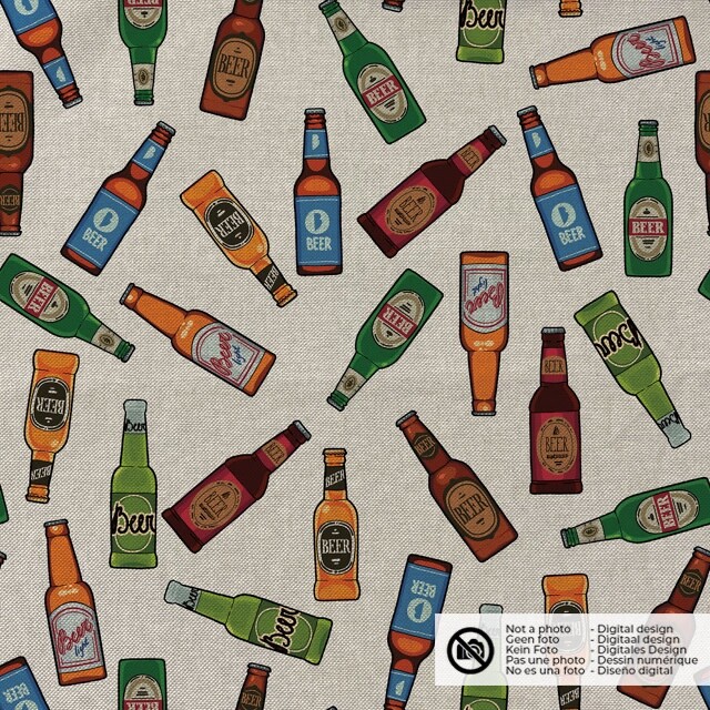 Decoration fabric linen look digital print beer bottles beige