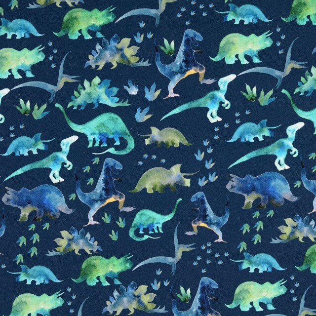 Cotton jersey organic digital print dinos navy