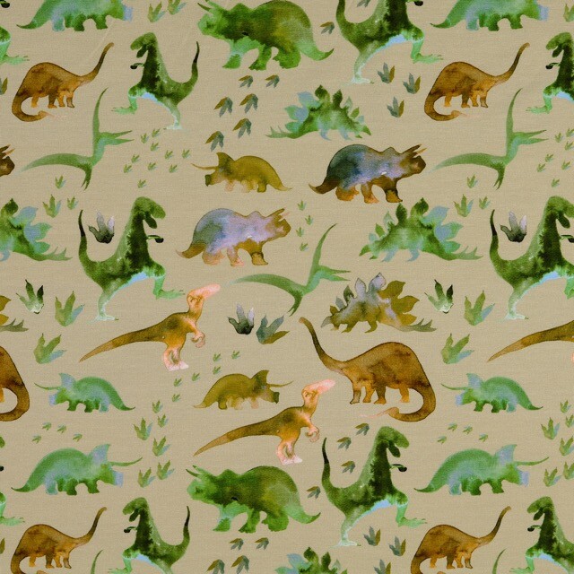 Cotton jersey organic digital print dinos beige
