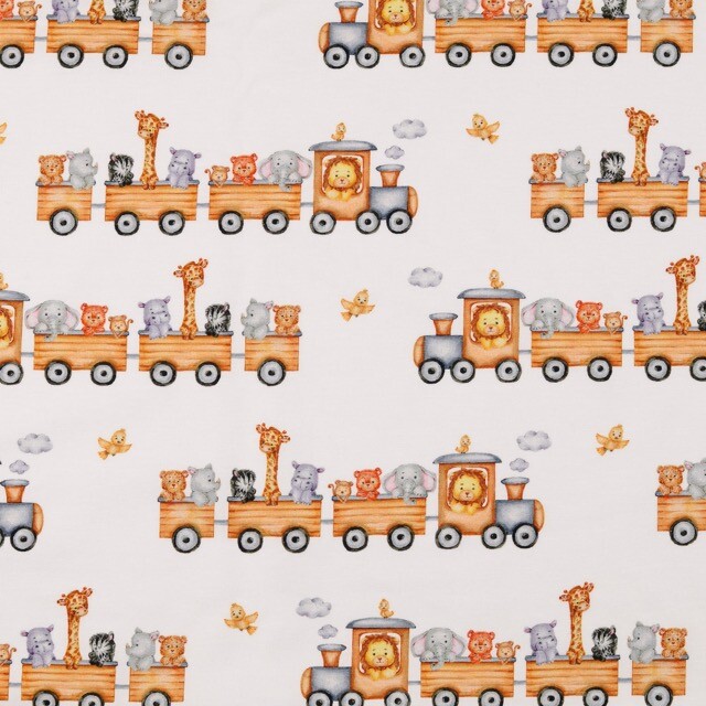 Cotton jersey digital print animals in trains offwhite