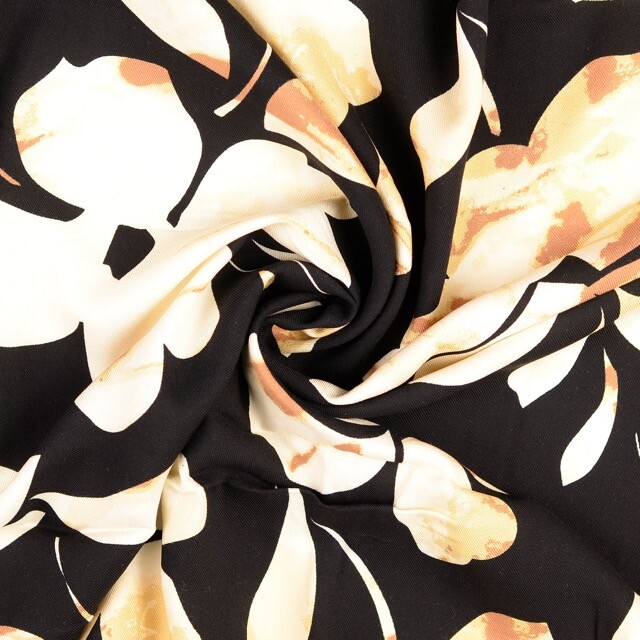 Viscose twill flowers black/beige