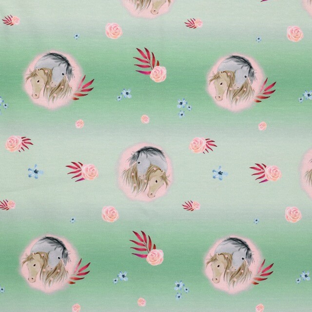 Cotton jersey digital print horses green