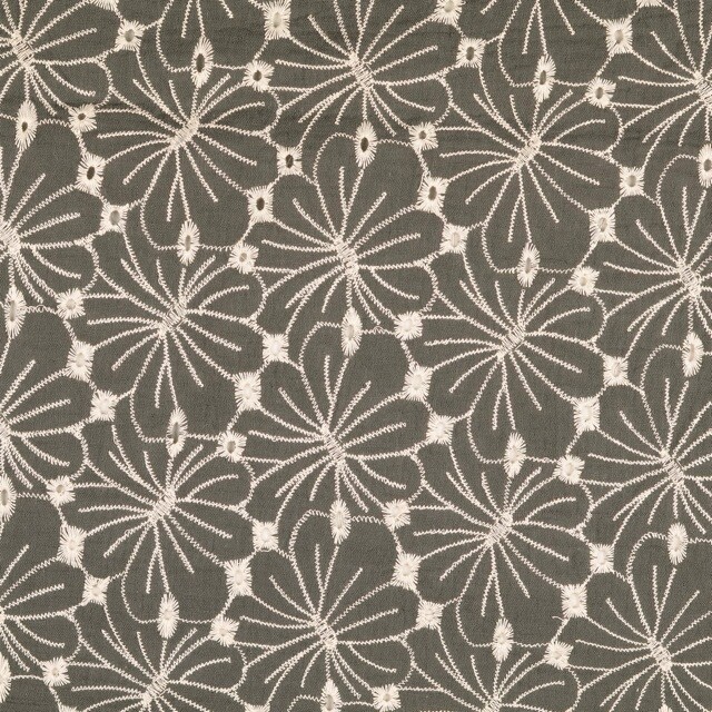 cotton muslin embroidered flowers olive green
