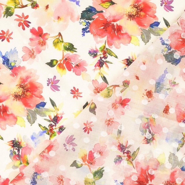 Cotton voile scherli digital print flowers offwhite