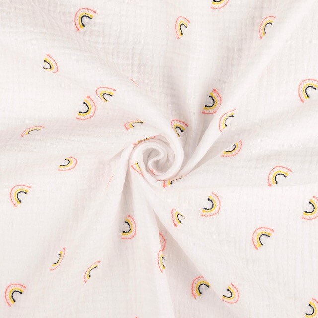 Cotton muslin embroidery rainbows white