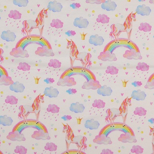 Cotton jersey digital print rainbows white
