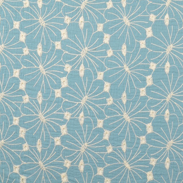 Cotton muslin embroidered flowers turquoise