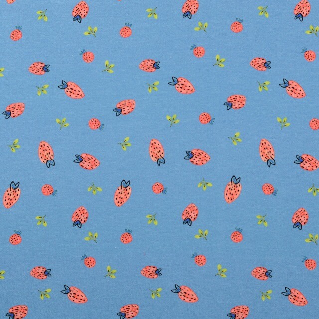 Cotton jersey digital print strawberries sky blue
