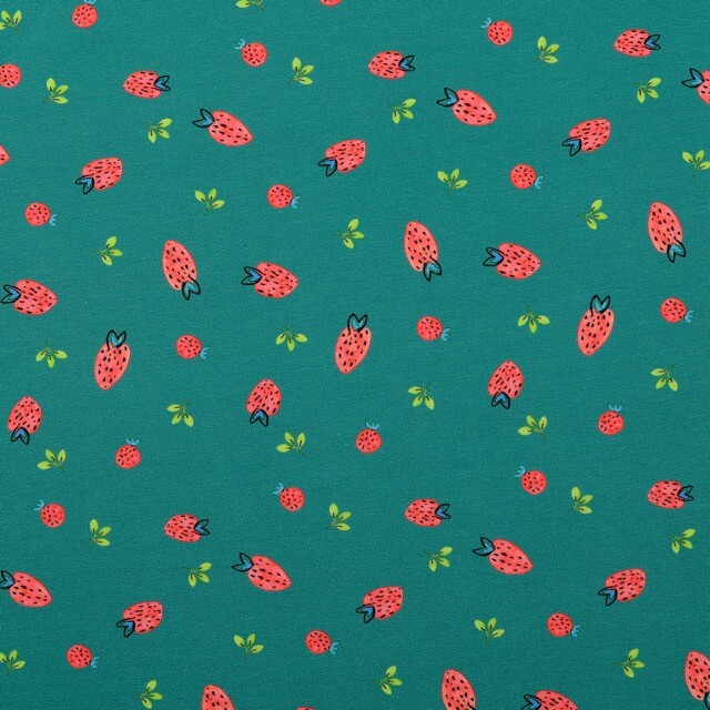 Cotton jersey digital print strawberries petrol