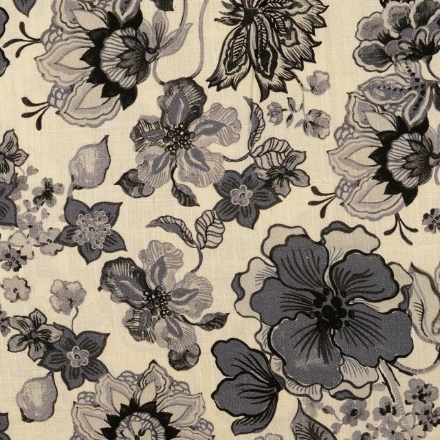 Viscose linen digital print flowers grey