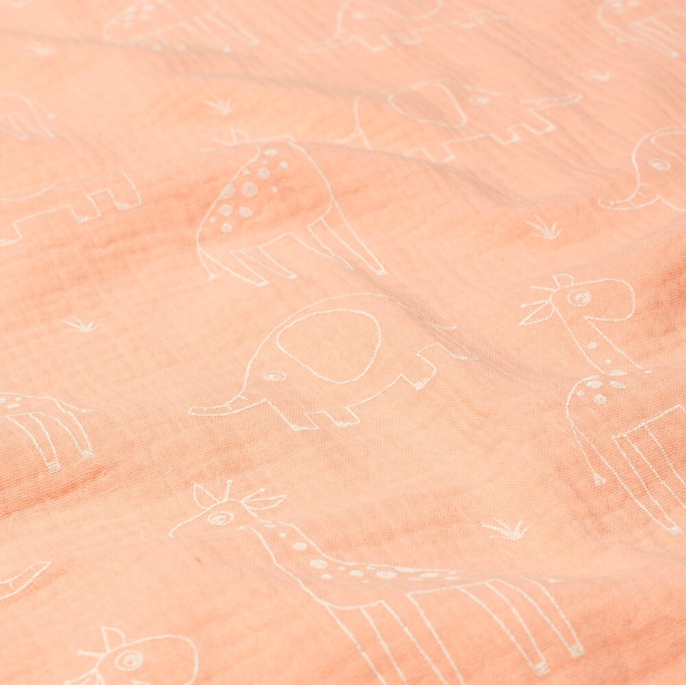 cotton muslin giraffes and elephants salmon