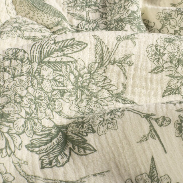 Cotton muslin flowers and birds dark mint