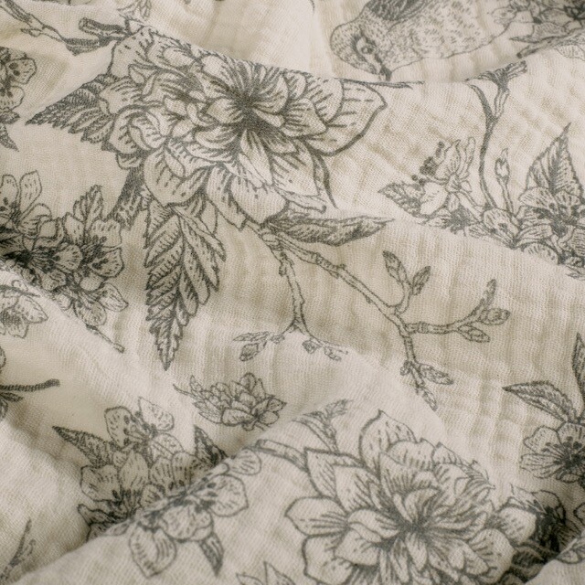 Cotton muslin flowers and birds grey