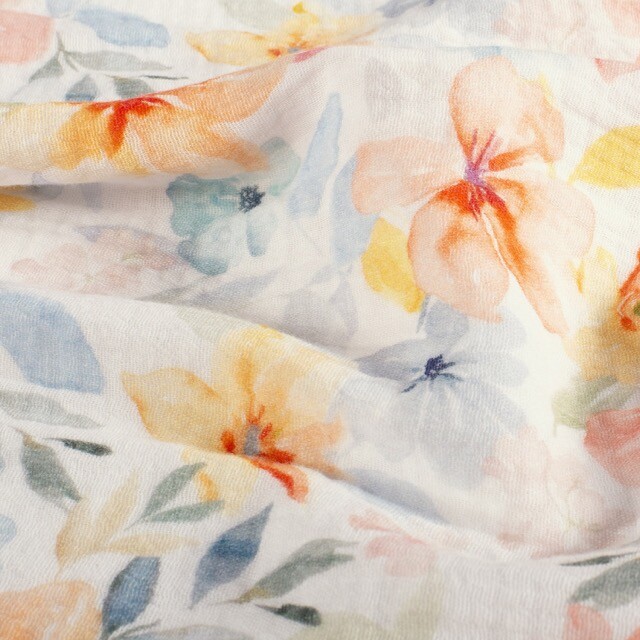 Cotton muslin digital printed flowers white