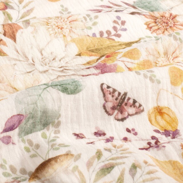 Cotton muslin digital printed flowers offwhite