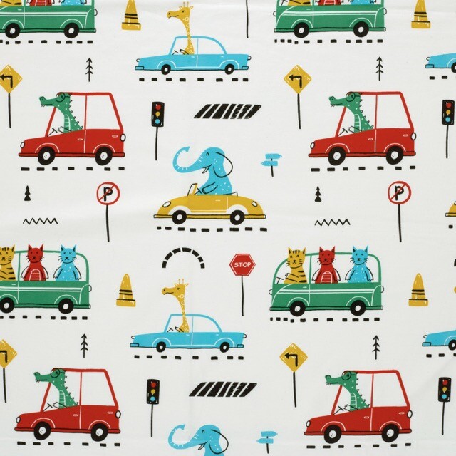 Cotton jersey animals in cars cobalt