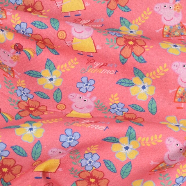 cotton poplin Peppa Pig flowers pink