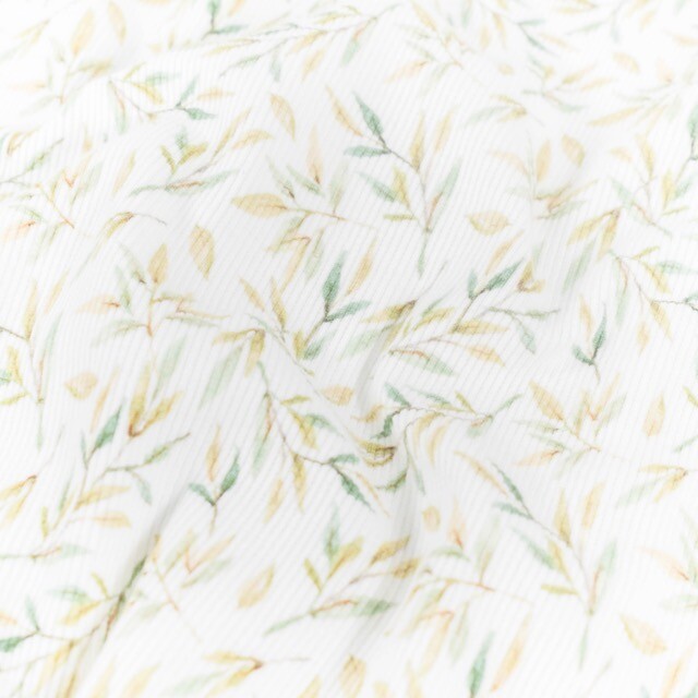 Rib jersey digital print leaves offwhite