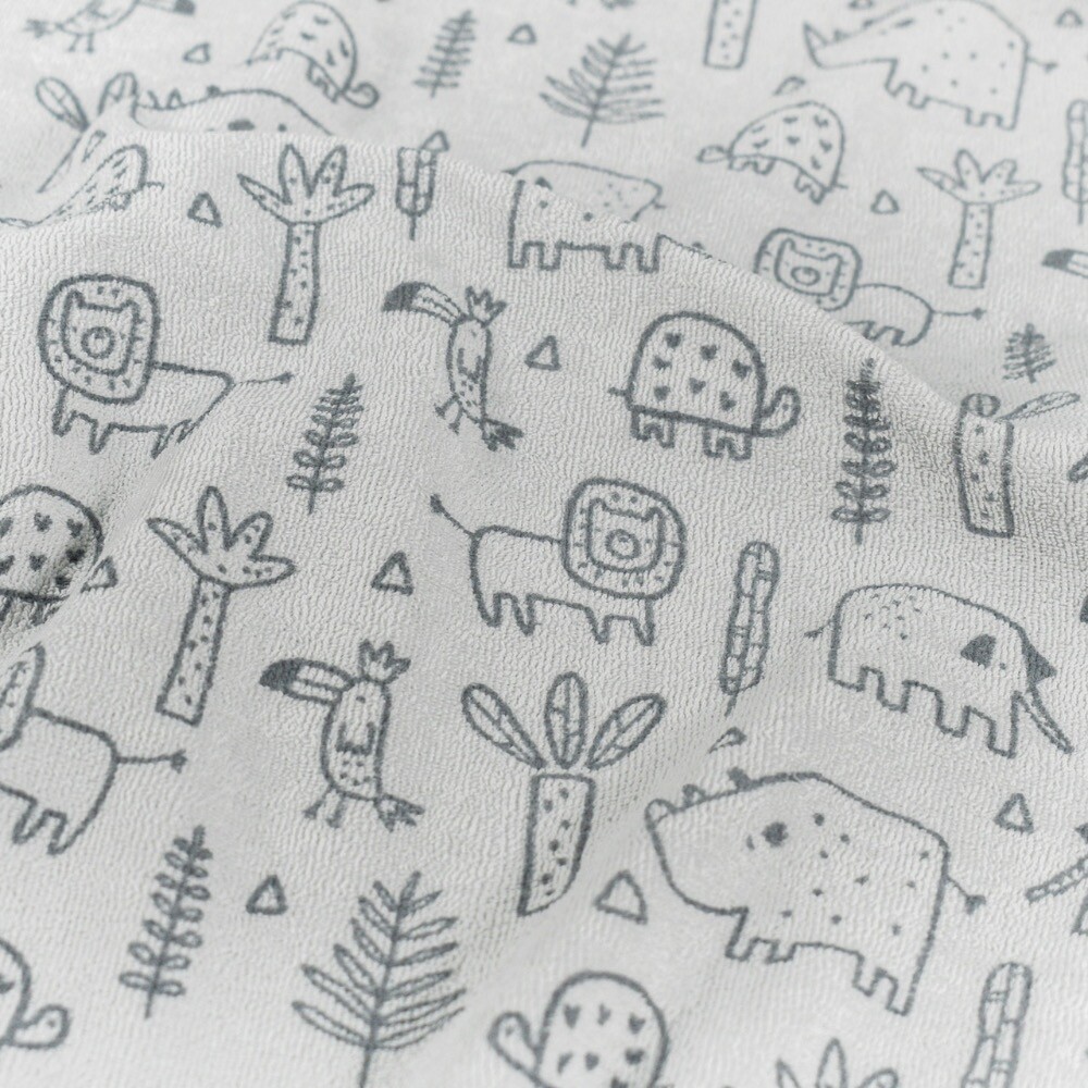 Stretch terry towelling printed animals light grey