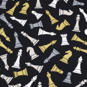 50x150 cm cotton black with chess pieces in gold/white/grey