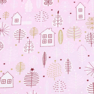 50x140 cm cotton christmas houses light pink/gold