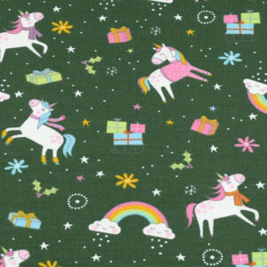 100x150 cm cotton jersey christmas unicorns donkergroen