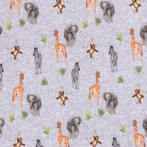 Jogging fabric digital printed wild animals melange light grey