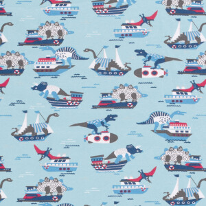 95x150cm Cotton jersey dinos and boats light blue