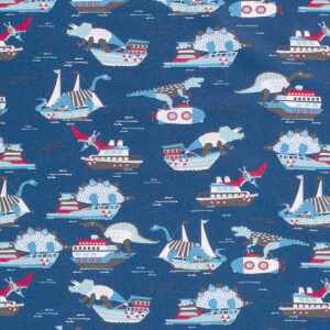 95x150cm Cotton jersey dinos and boats dark blue
