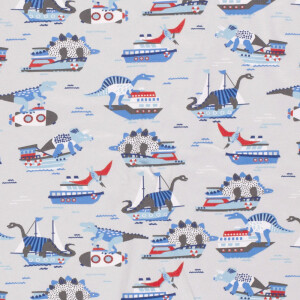 95x150cm Cotton jersey dinos and boats light grey
