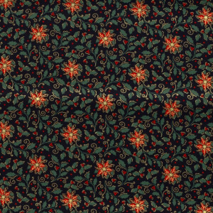 Cotton christmas holly/flowers navy/gold