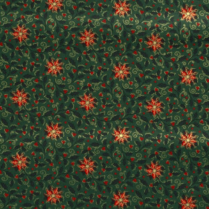 Cotton christmas holly/flowers green/gold