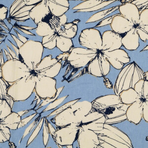 viscose linen washed flowers denim blue