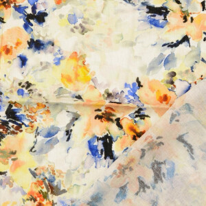 viscose linen voile digital print flowers orange/blue